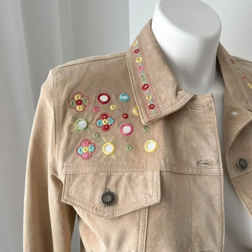 Chico’s Tan 100% Genuine Leather Embellished Embroidered Boho Jacket Women’s M - Picture 2 of 8